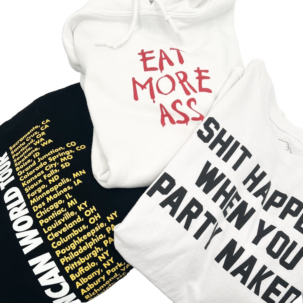 DANNY DUNCAN Adult Sz L LOT OF 3--Party Naked T-Shirt, Eat More A$s/Tour Hoodies